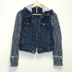 Free People Distressed Denim Jacket with Detachable Hood XS